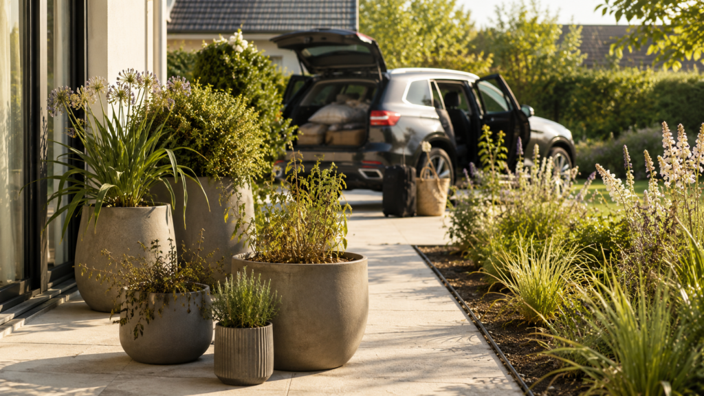 Trockene Kübelpflanzen und Gartenbeete vor dem Sommerurlaub
