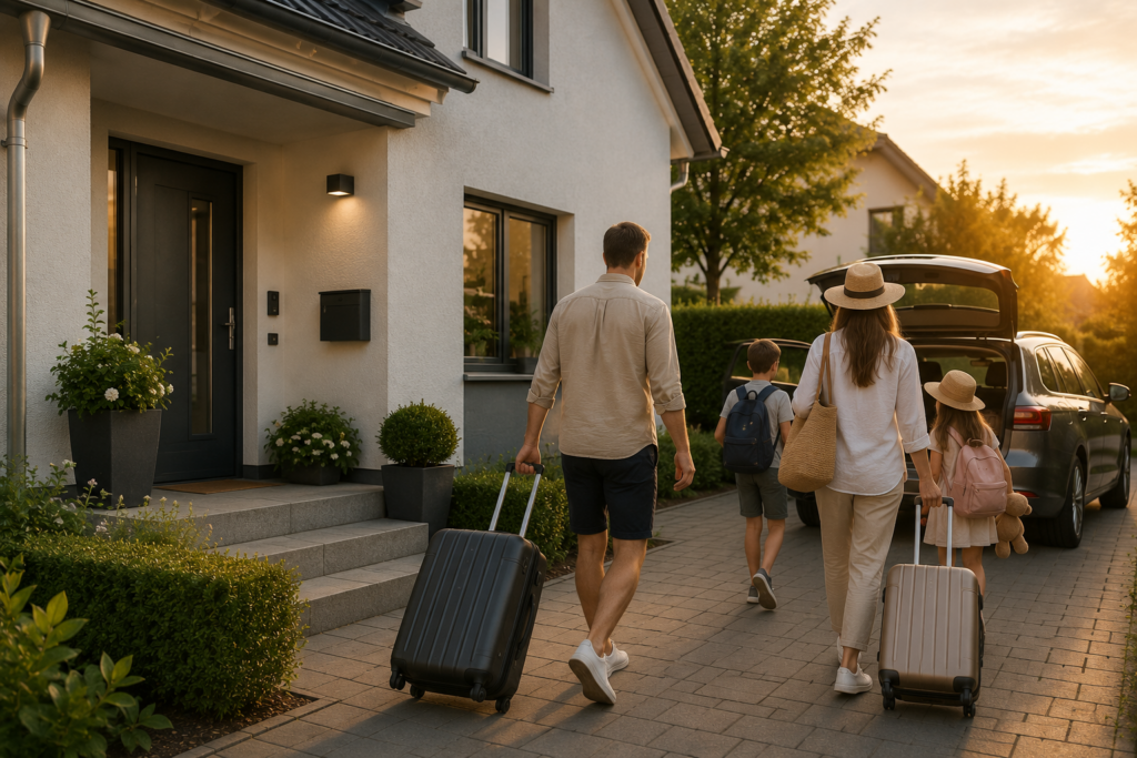 Familie startet entspannt in den Urlaub nachdem das Haus gesichert wurde