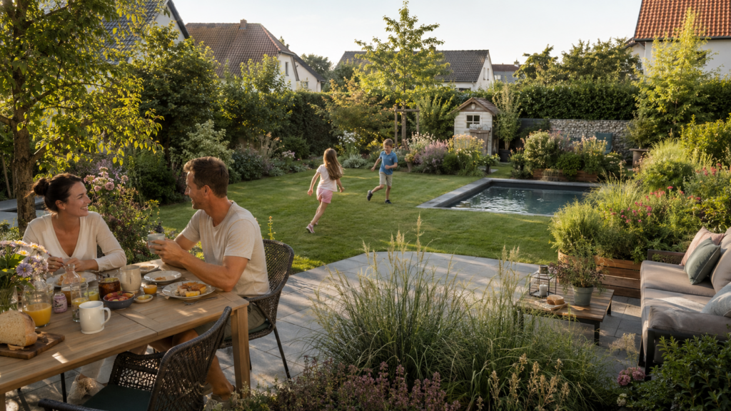Familie genießt Urlaub zu Hause im Garten mit Terrasse, Lounge und gemeinsamer Zeit 
