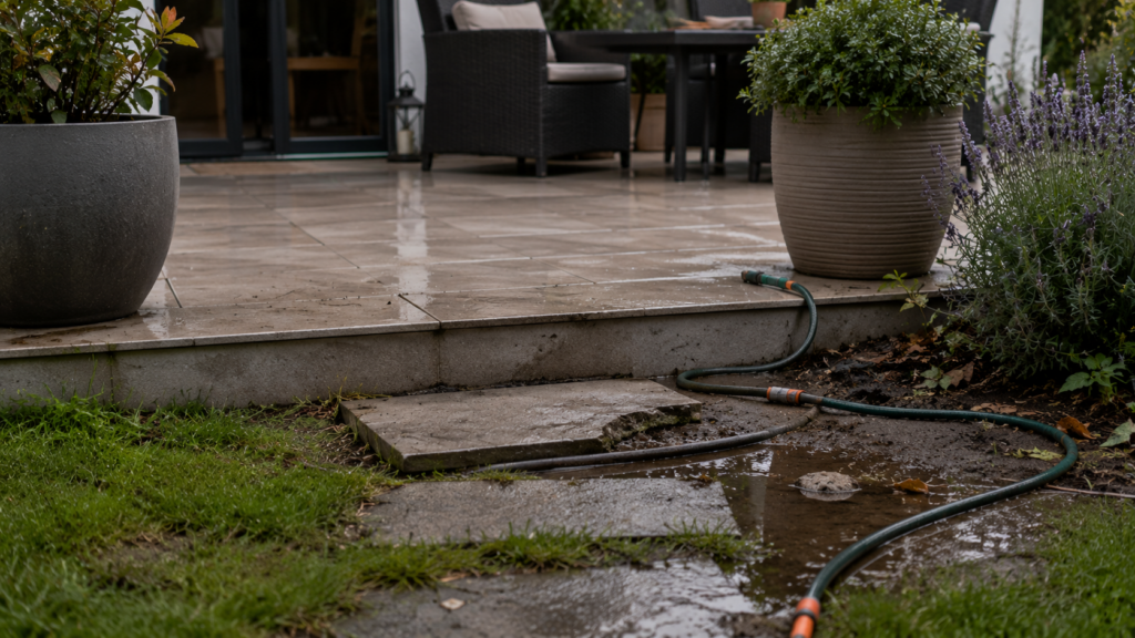 Unsicherer Terrassenübergang zwischen Terrasse und Garten mit Stolperstellen - Terrassen und Garten richtig verbinden