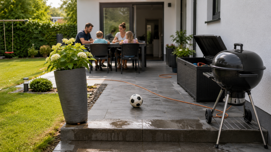 Typische Gefahren auf einer Familienterrasse mit nasser Stufe, Spielzeug, Kabel und Grill im Laufweg