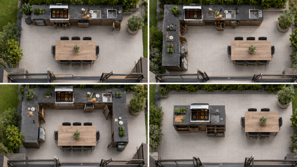 Grundrisse für Outdoor-Küchen als Zeile, L-Form, U-Form und Insel
