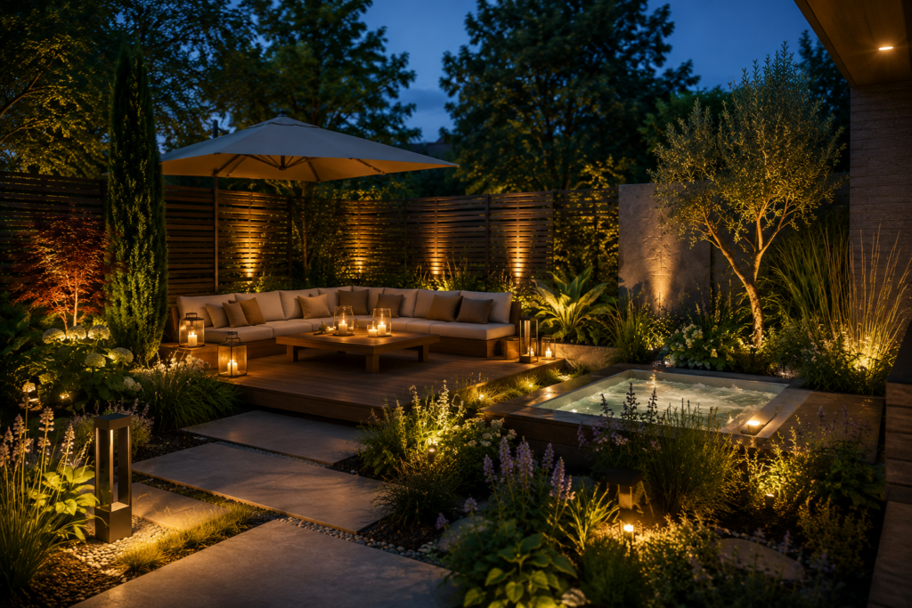 Wellnessbereich im Garten gestalten mit Lounge Sichtschutz Gräsern und warmem Licht