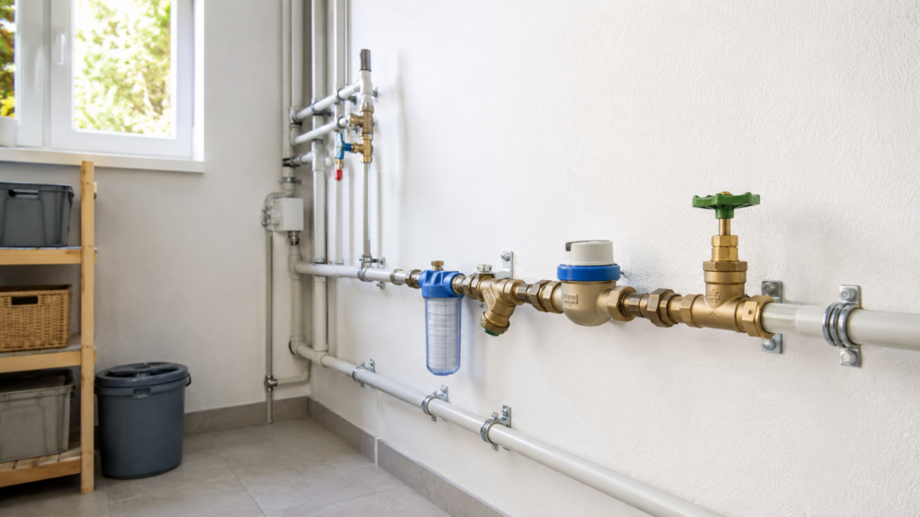 Hauptwasserhahn und Wasserzähler im Hausanschlussraum erkennen