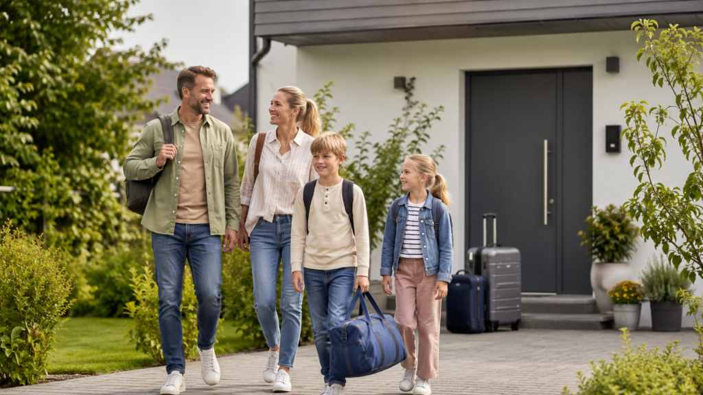 Familie fährt entspannt in den Urlaub nachdem Wasser und Haus kontrolliert wurden