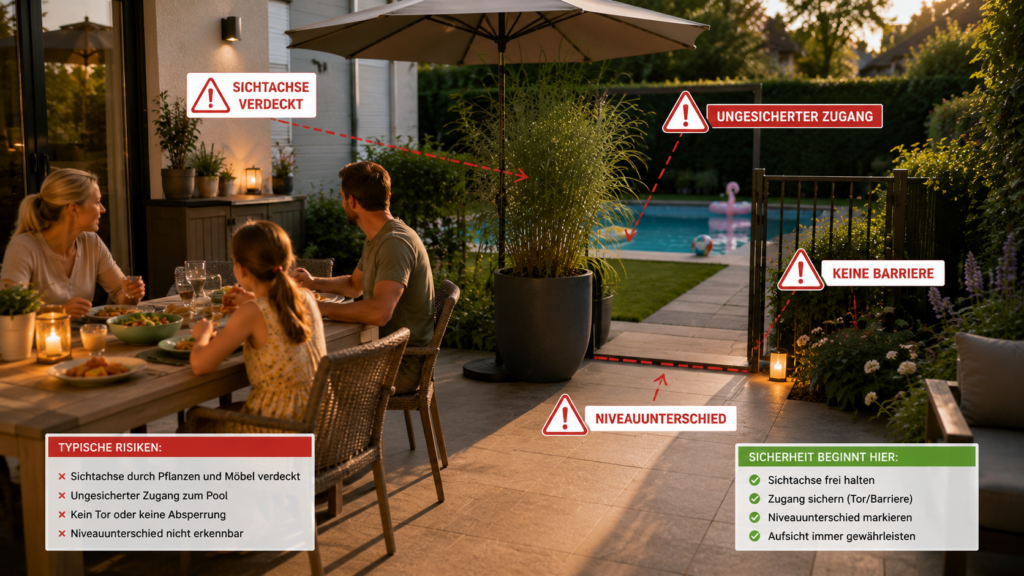 Schlecht einsehbarer ungesicherter Zugang von der Familienterrasse zum Pool