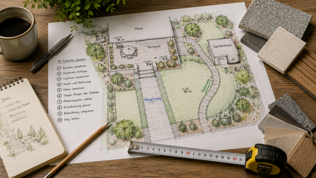 Planung von Gartenwegen, Terrassenstufen und Höhenunterschieden
