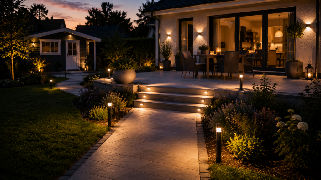 Beleuchtete Gartenstufen und sicherer Weg zur Terrasse am Abend