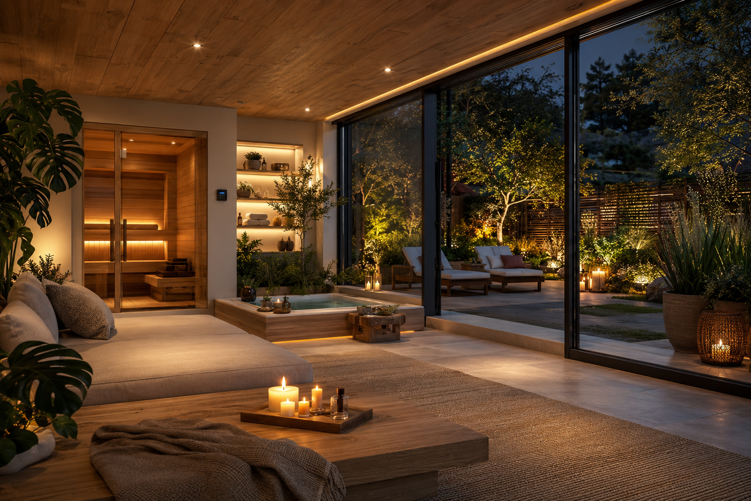 Wellnessbereich zuhause mit Sauna, Lounge, warmem Licht und Garten