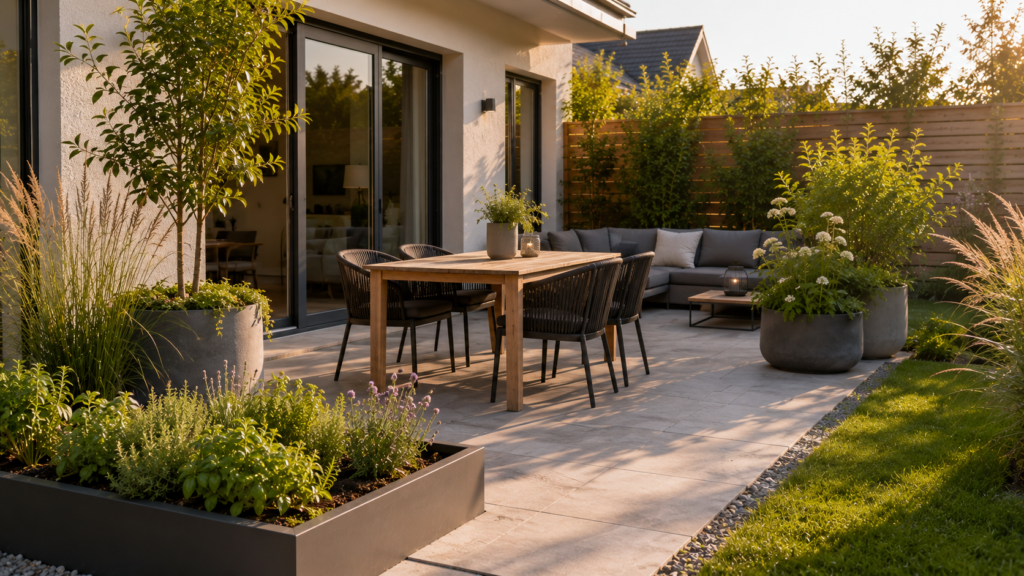 Terrasse mit großen Pflanzkübeln, Gräsern, Stauden und Kräuterhochbeet