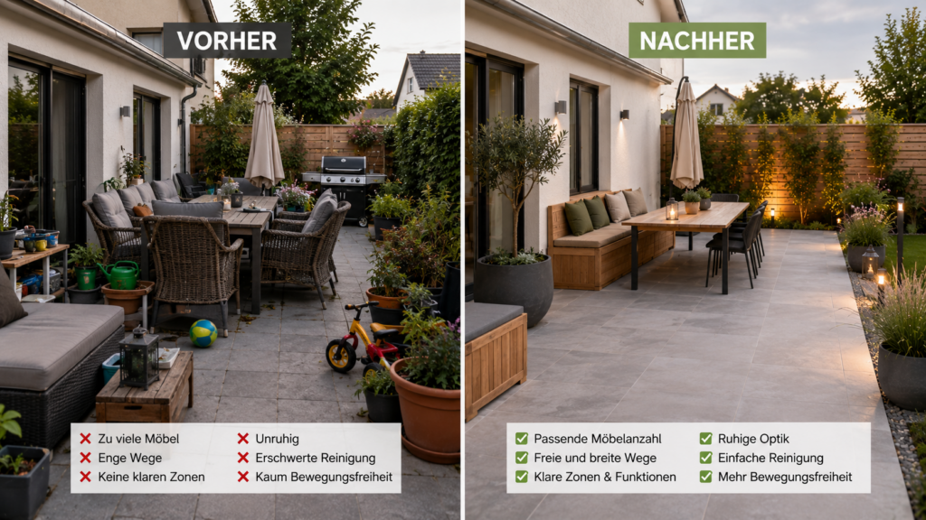 Überfüllte und sinnvoll möblierte Terrasse im Vorher-nachher-Vergleich