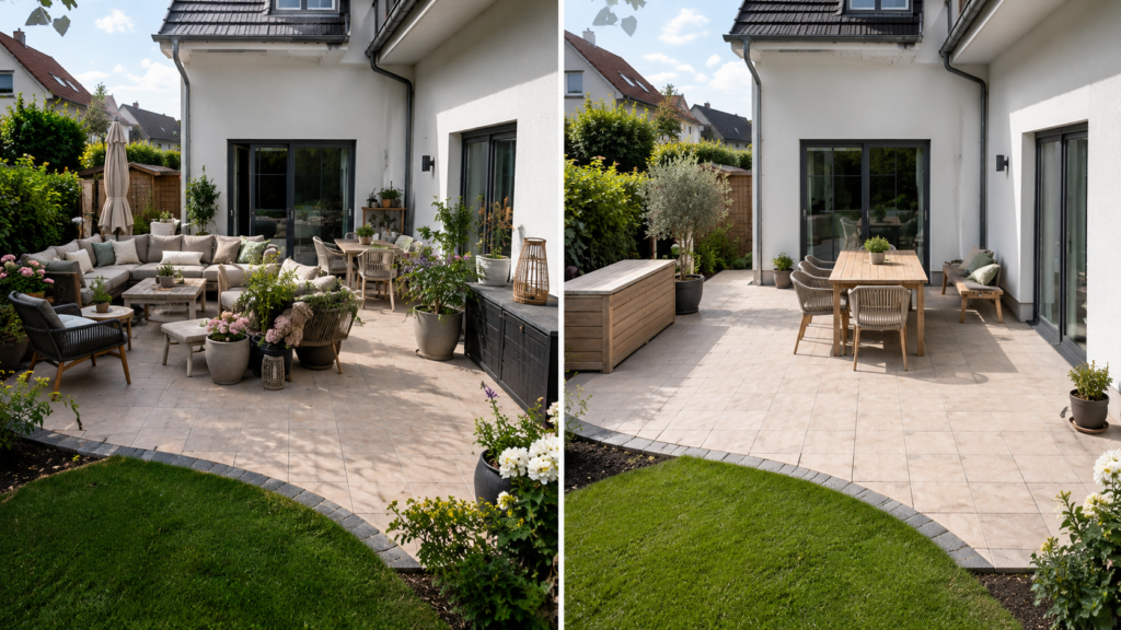 Übermöblierte Terrasse und strukturierte Terrasse mit passenden Möbeln im Vergleich