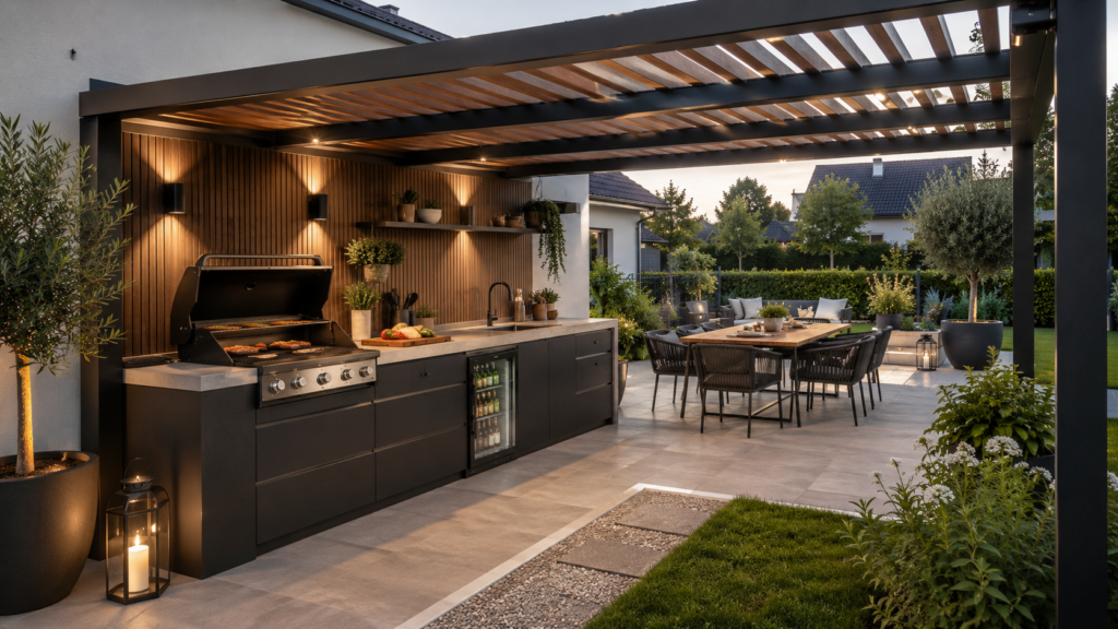 Outdoor-Küche unter einer offenen Pergola mit sicherem Abstand und freiem Rauchabzug