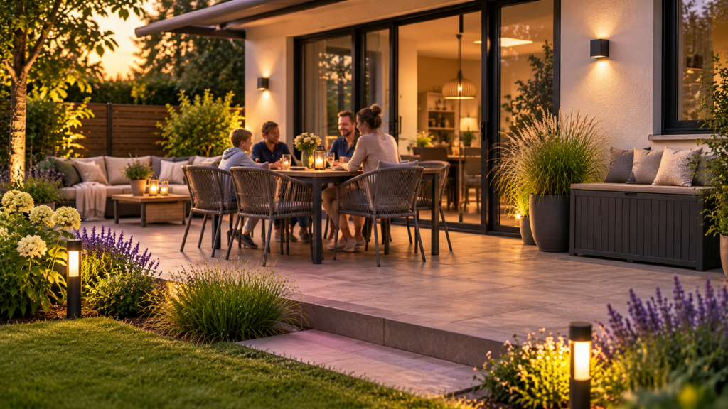 Familie genießt eine aufgeräumte Terrasse mit freien Wegen und dezentem Stauraum