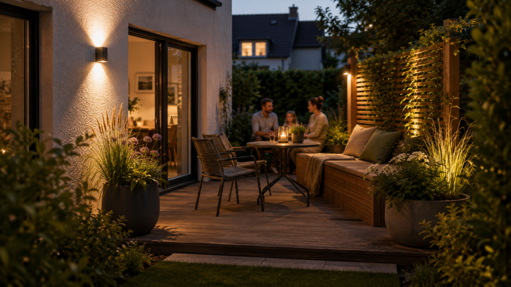 Kleine Terrasse mit warmer blendfreier Beleuchtung, Sitzbank und ruhiger Dekoration am Abend