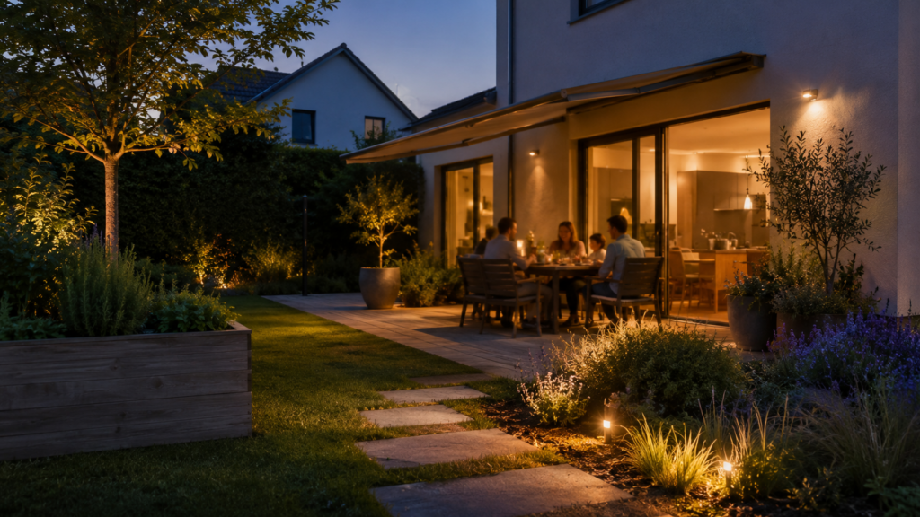Familie genießt eine ruhig bepflanzte Terrasse mit Pflanzkübeln, Hochbeet und Staudenbeet