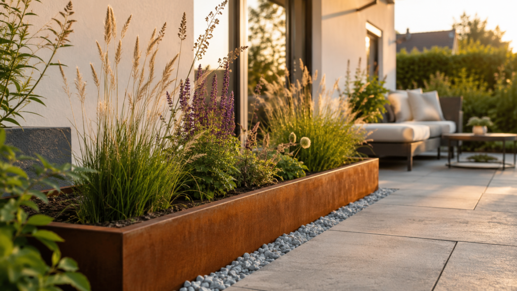 Cortenstahlbeet mit Gräsern und Stauden als ruhige Einfassung einer Terrasse