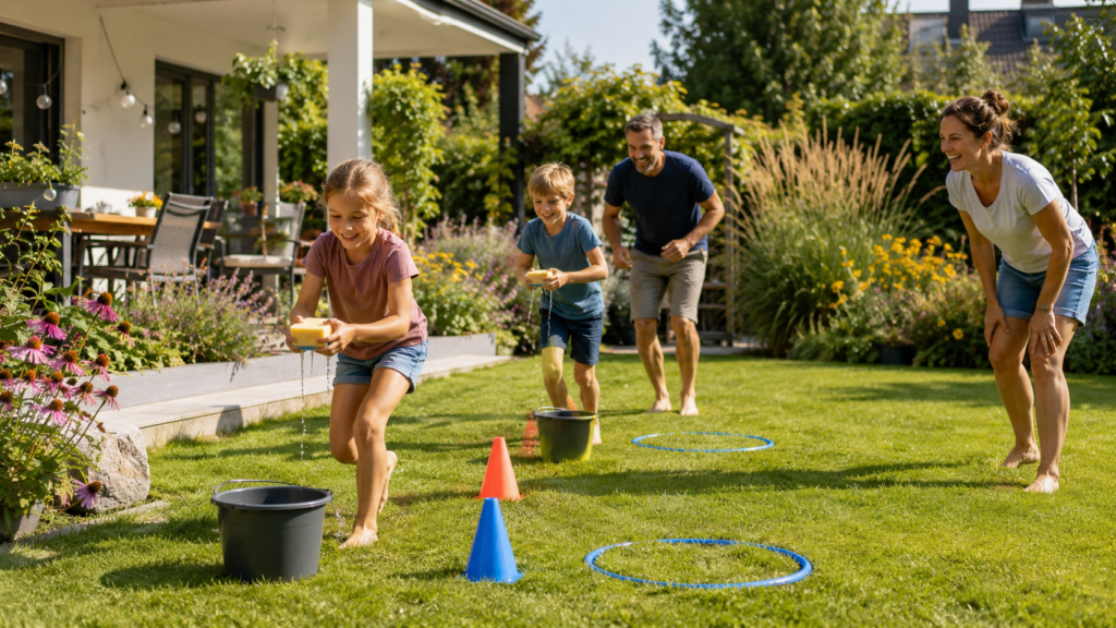 Familie verbringt aktive Ferien zu Hause mit Spielen und gemeinsamer Zeit im Garten