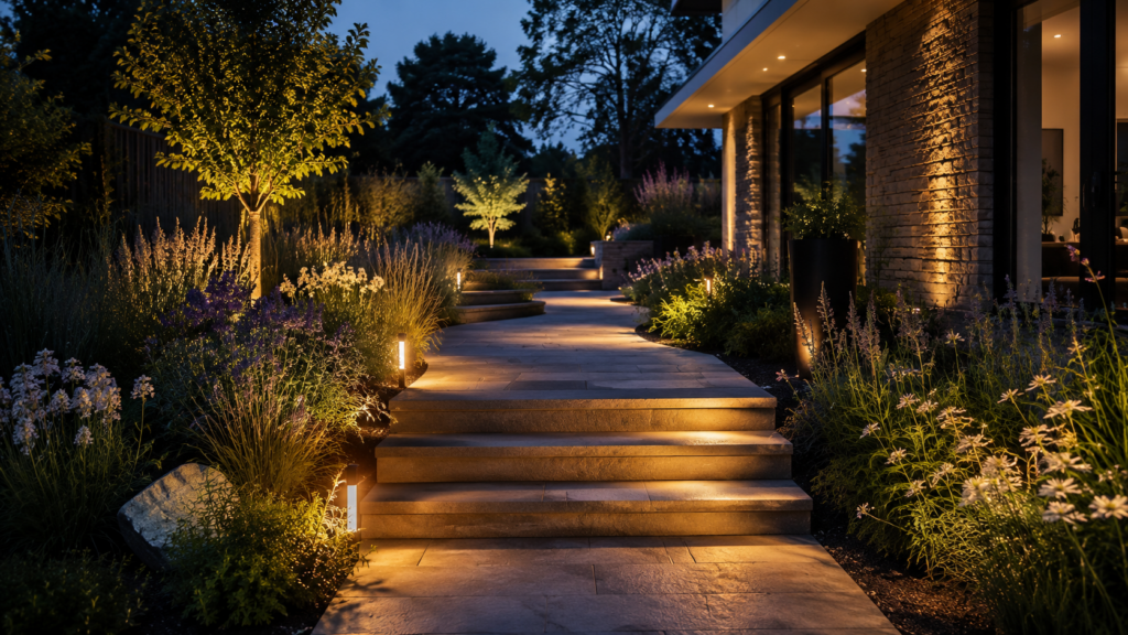 Gartenweg und Treppen mit warmer Außenbeleuchtung sicher planen