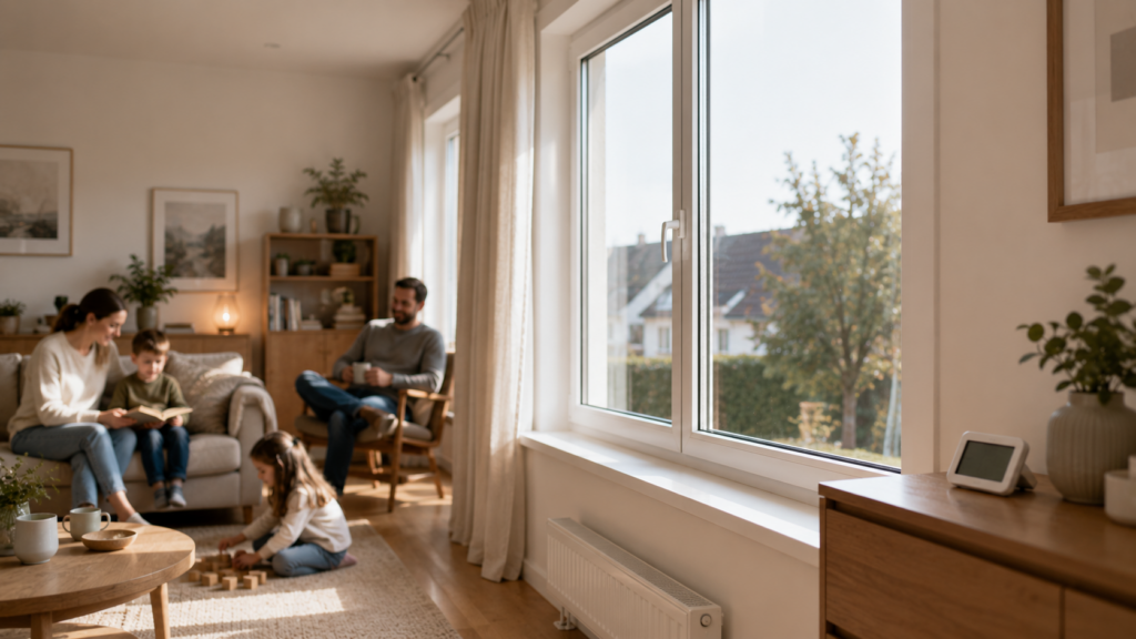 Heller Familienwohnraum mit trockenem Fenster und kontrollierter Luftfeuchtigkeit