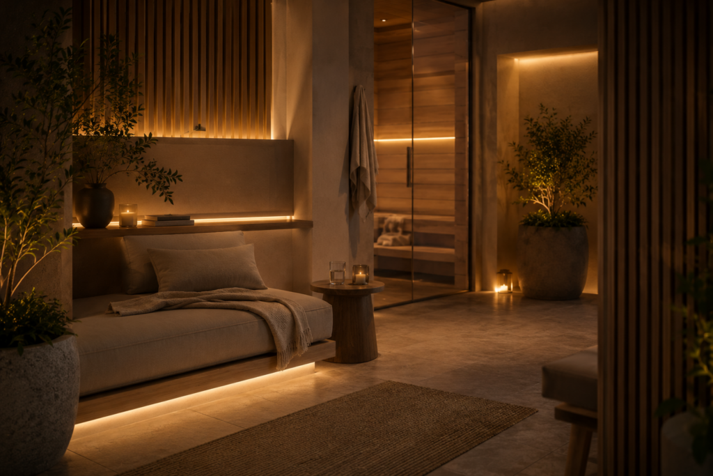Indirektes Licht im Wellnessbereich zuhause mit warmer Beleuchtung und ruhiger Atmosphäre