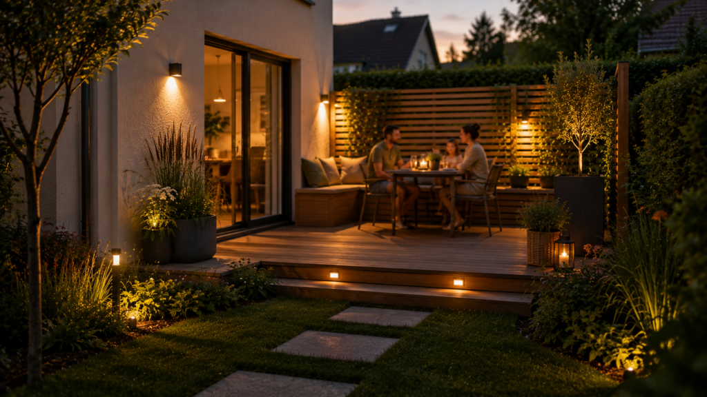 Familie genießt eine kleine aufgeräumte Terrasse mit Stauraum, Sichtschutz und warmem Licht
