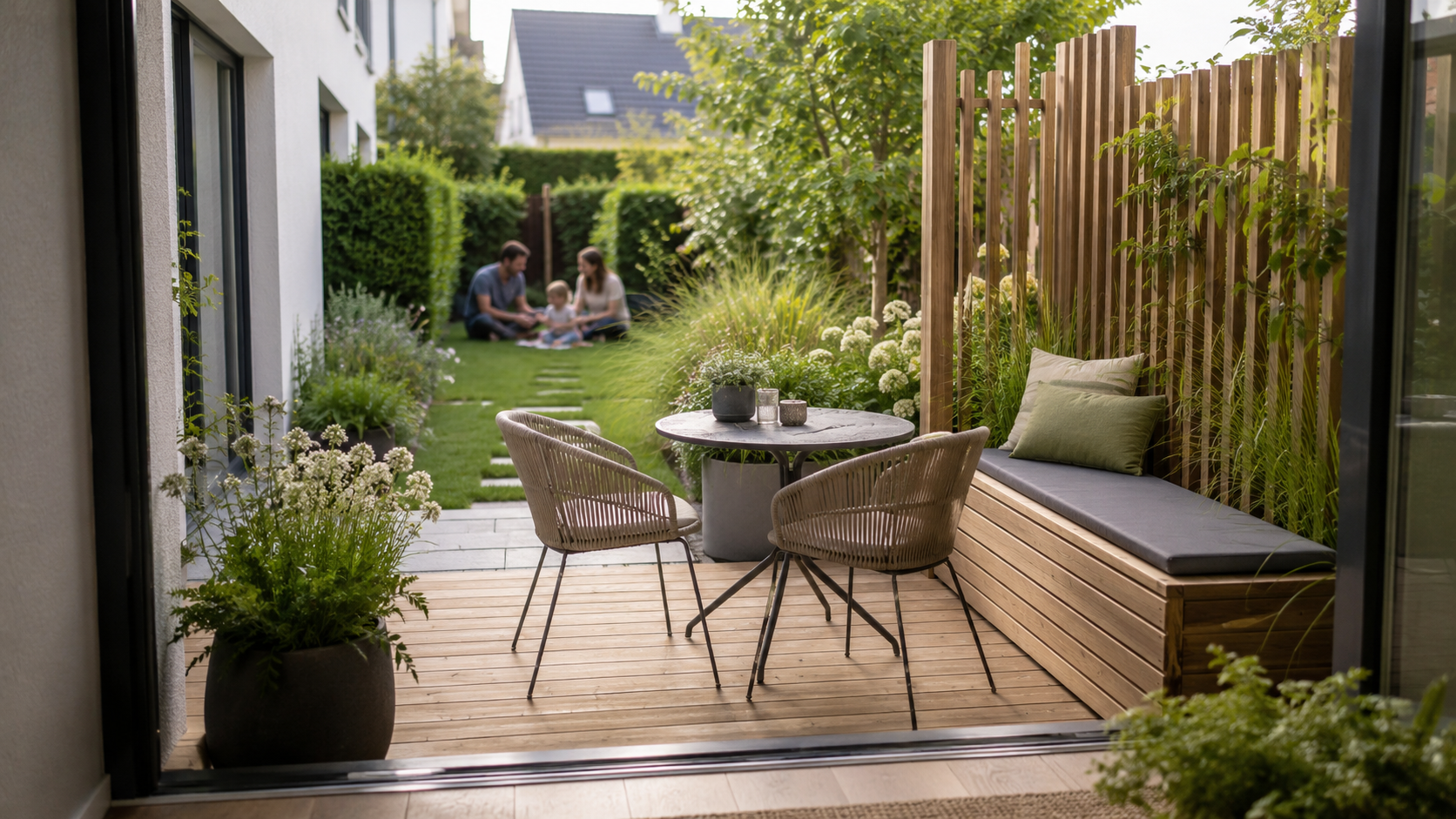 Kleine Terrasse mit Stauraum und Sichtschutz