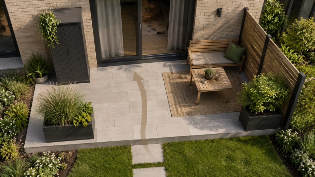 Planung einer kleinen Terrasse mit Sitzbereich, Stauraum, Pflanzen und freiem Laufweg. Kleine Terrasse gestalten