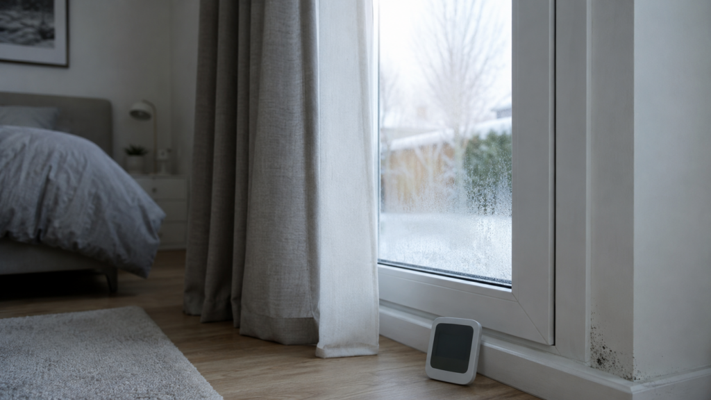 Kondenswasser und beginnender Schimmel an einer kalten Fensterecke im Schlafzimmer. Schimmel am Fenster entfernen.