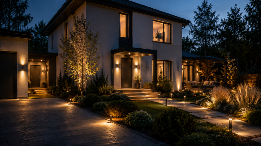 Lichtzonen rund ums Haus mit Haustür Einfahrt Gartenweg Terrasse und Nebeneingang