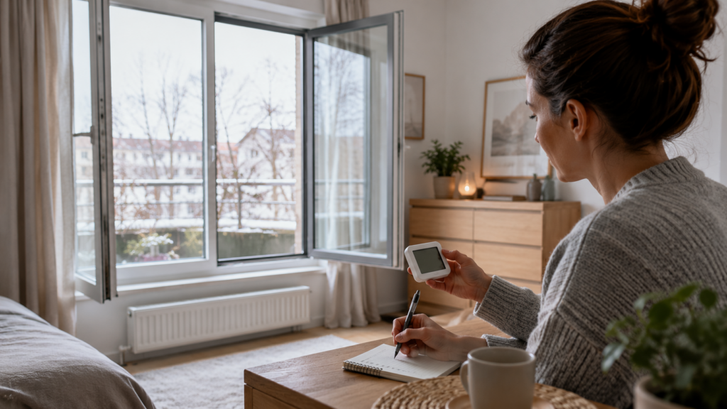 Luftfeuchtigkeit mit Hygrometer prüfen und den Raum durch ein weit geöffnetes Fenster lüften