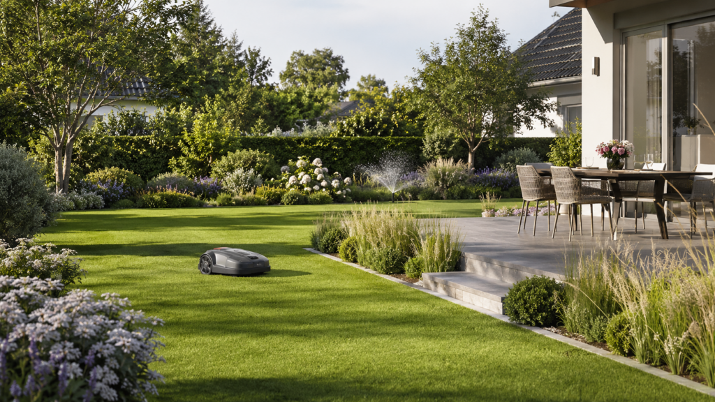 Mähroboter und Versenkregner in einem smart geplanten Familiengarten mit getrennten Zeitplänen