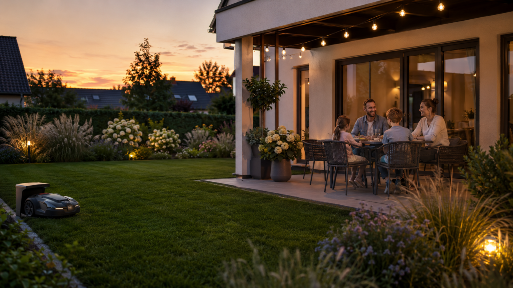 Familie genießt den Abend auf der Terrasse während der Mähroboter tagsüber den Rasen gepflegt hat
