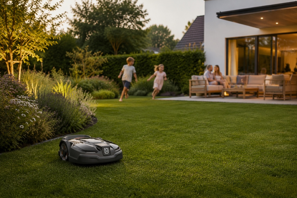 Mähroboter im Familiengarten für weniger Gartenarbeit und gepflegten Rasen