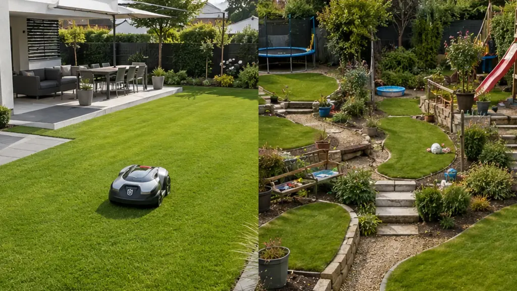 Vergleich zwischen klarer zusammenhängender Rasenfläche und verwinkeltem Garten mit vielen Hindernissen