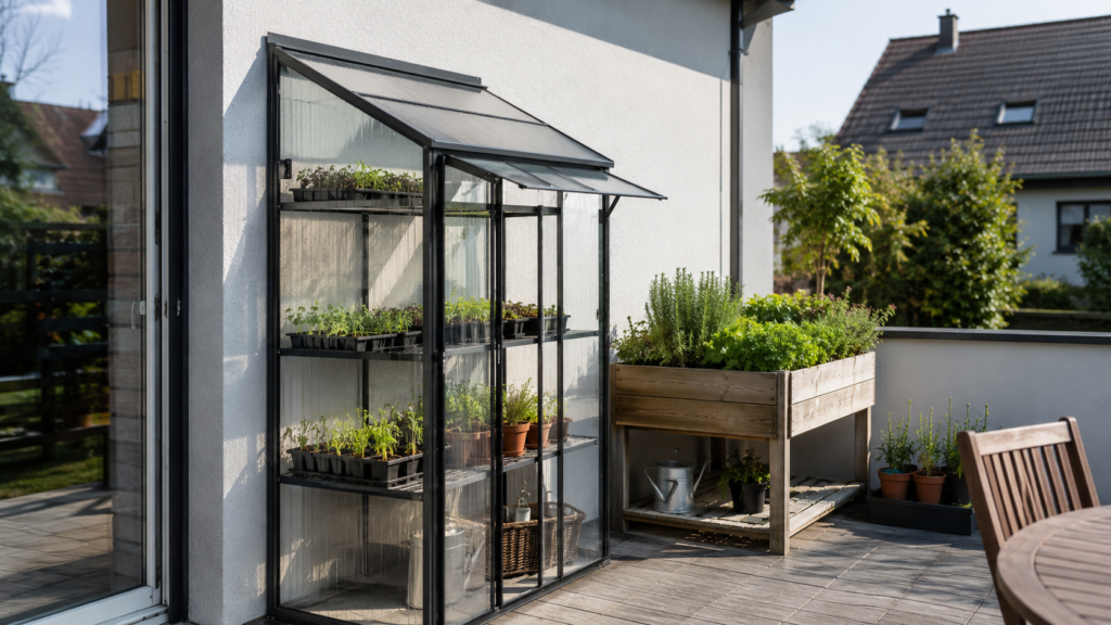 Kleines Anlehngewächshaus mit Kräuterhochbeet als geordnete Anzuchtzone auf der Terrasse