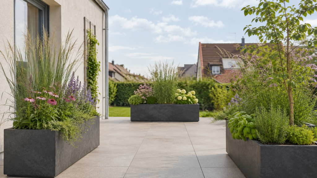 Kleine Terrasse mit wenigen großen Pflanzkübeln, Kräutern, Gräsern und Rankpflanzen