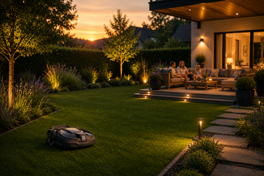 Pflegeleichter Garten mit Mähroboter Terrasse Familie und mehr Zeitwohlstand