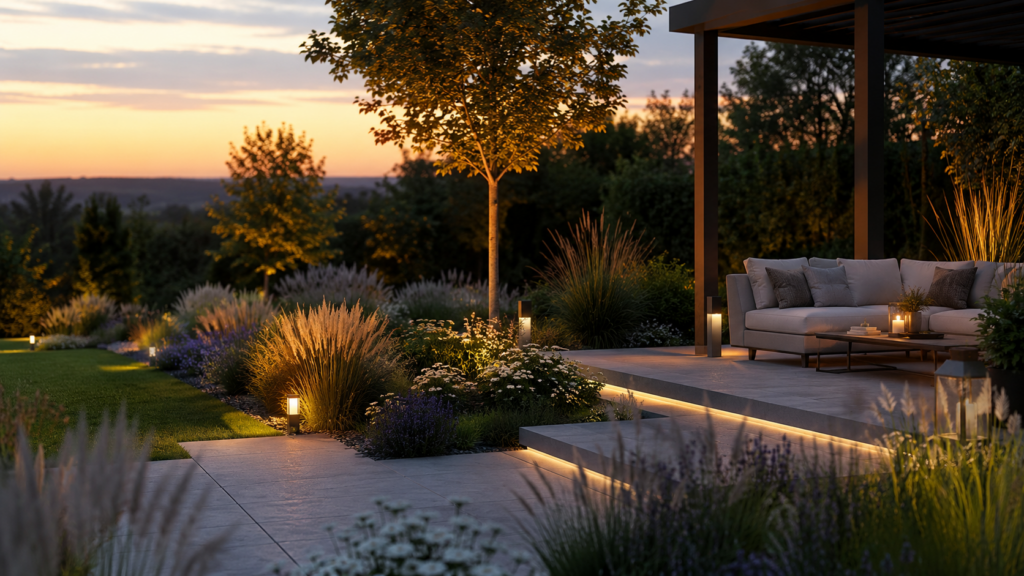 Pflegeleichter Garten mit Tropfbewässerung Terrasse Stauden und ruhiger Abendstimmung