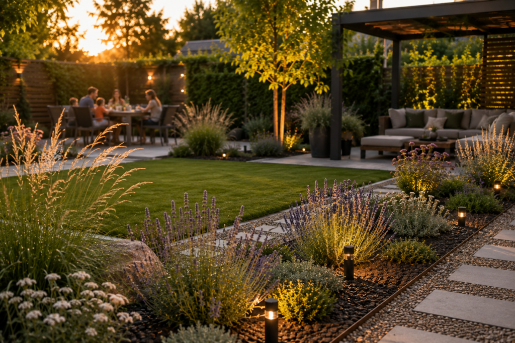 Pflegeleichter trockener Garten mit Gräsern, Stauden, Schattenplatz und Bewässerung im Sommer