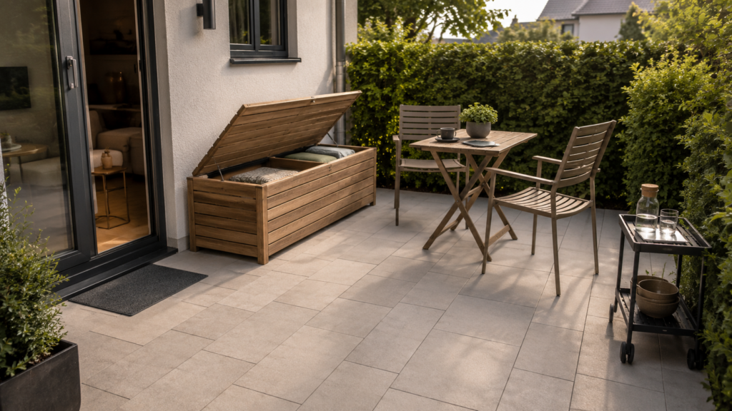Platzsparende Terrassenmöbel mit Sitzbank, Stauraum und Klapptisch auf kleiner Fläche