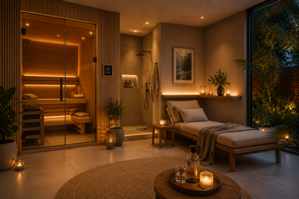 Sauna zuhause mit Ruhebereich warmem Licht Holz und entspannter Wellness Atmosphäre