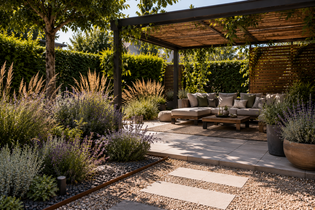Schattenplatz im trockenen Garten mit Pergola, Lounge und trockenheitsverträglichen Stauden