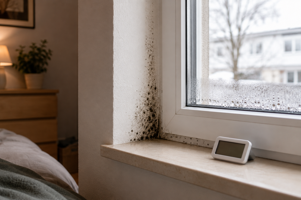 Schimmel am unteren Fensterrahmen mit Kondenswasser und Hygrometer in einem Familienhaushalt