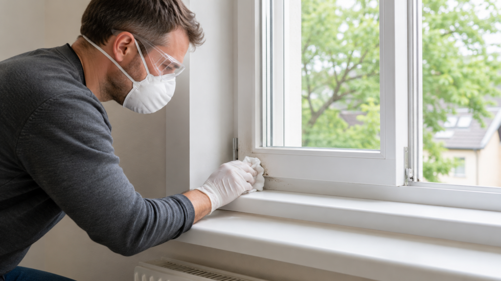 Kleine Schimmelstelle am Kunststofffenster mit Handschuhen Schutzbrille und Atemschutz reinigen