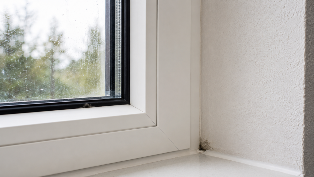 Kunststofffenster mit Dichtung Silikonfuge und verputzter Laibung bei oberflächlichem Schimmelbefall