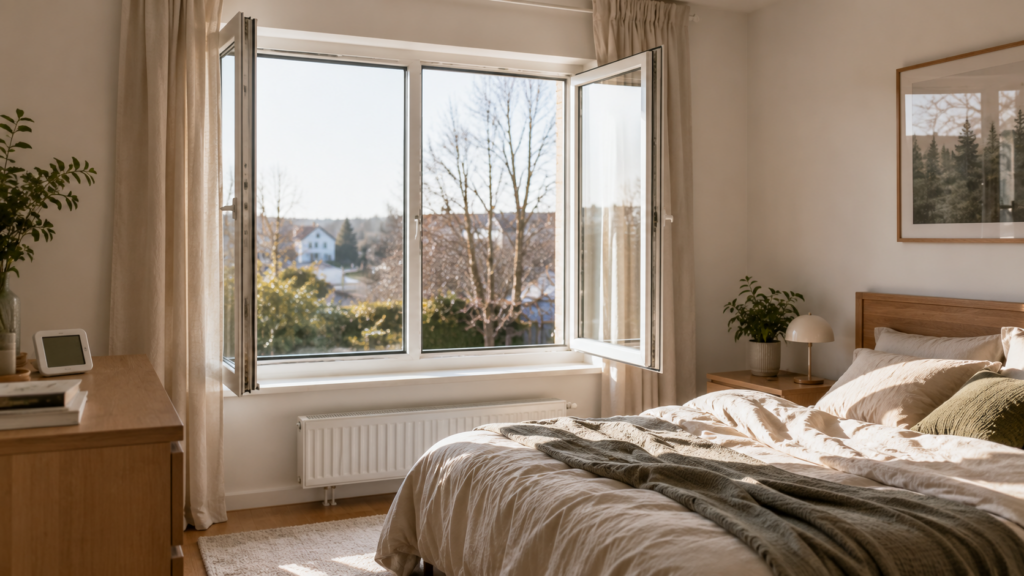 Schlafzimmer morgens mit weit geöffnetem Fenster und freier Luftzirkulation lüften