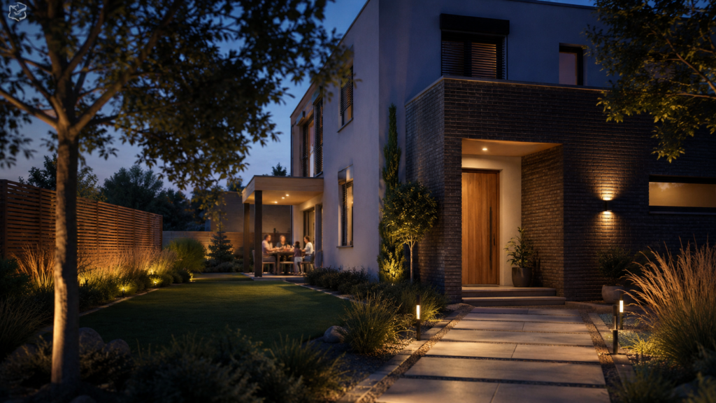 Sicheres Zuhause mit Außenbeleuchtung Gartenweg Terrasse und ruhiger Abendstimmung
