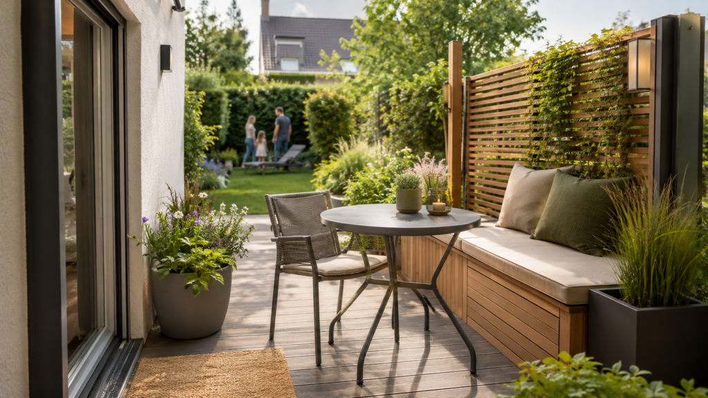 Platzsparender Sichtschutz auf kleiner Terrasse aus Holzlamellen und Pflanzen