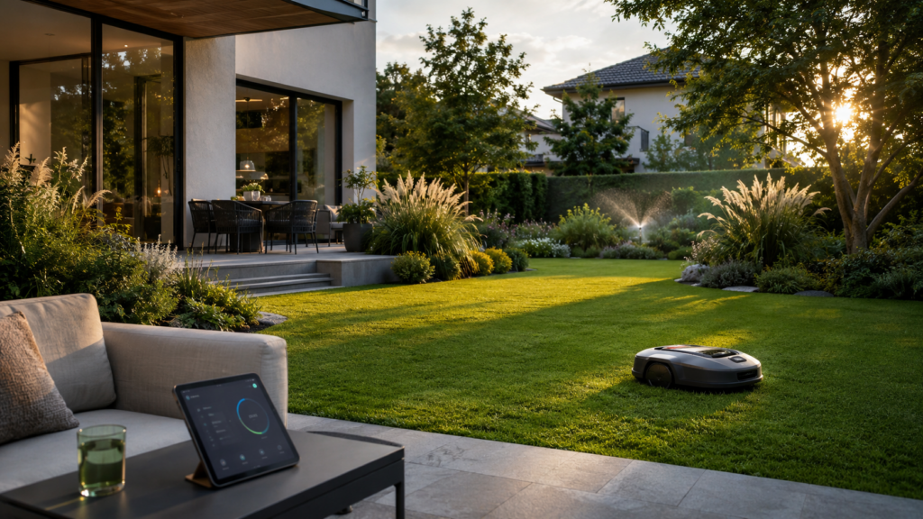 Smart Garden mit Mähroboter automatischer Bewässerung und pflegeleichter Rasenfläche